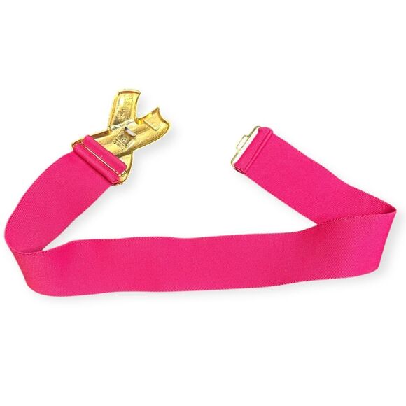 VINTAGE MOTION EAST Women’s Hot Pink Elastic Waist Belt Gold Tone X Buckle 1980s - Picture 3 of 4